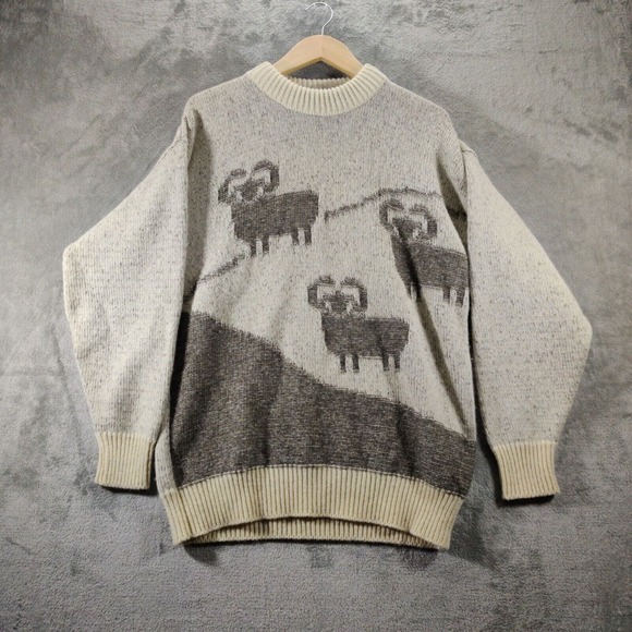 Clear Blue‎ Yonder Sweater Mens Medium Tan With Rams Pure New Wool Cabincore - Picture 1 of 8